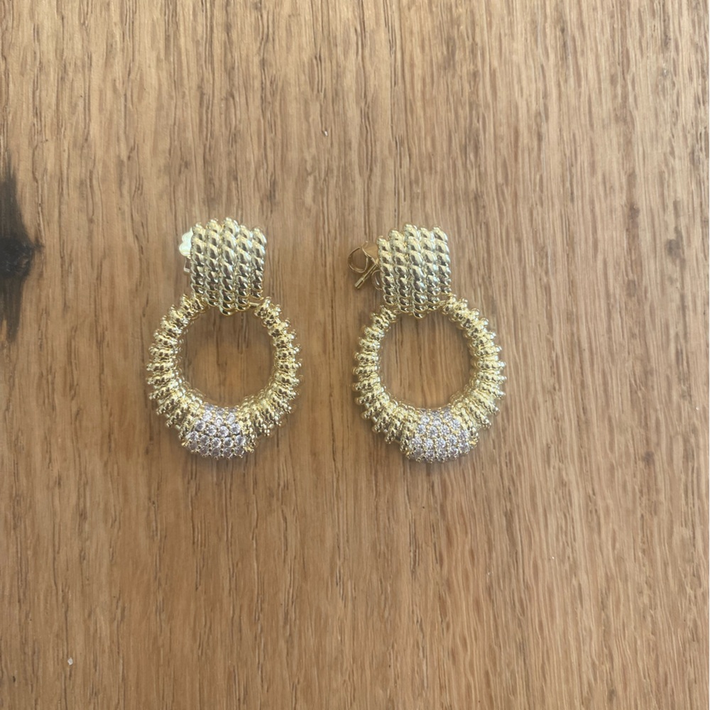Gold Textured Hoop Drop Earrings‎ with Pavé Accent